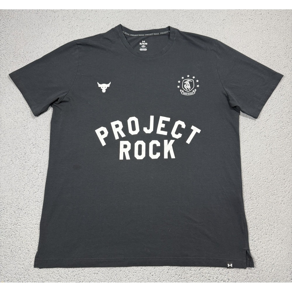 Under Armour Project Rock Shirt Mens XL Black Bull Logo Graphic Gym Tee Tagless
